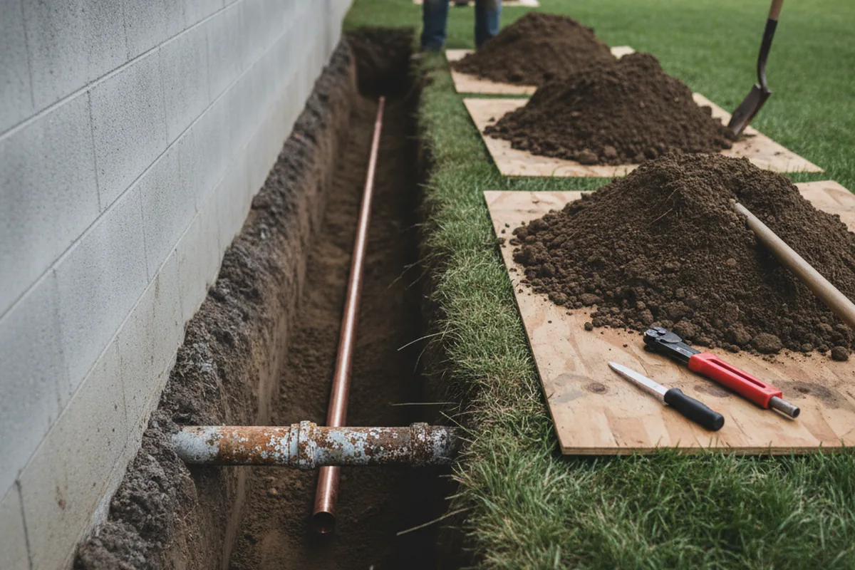 Excavated water line trench during Water Heater Repair in Schenley